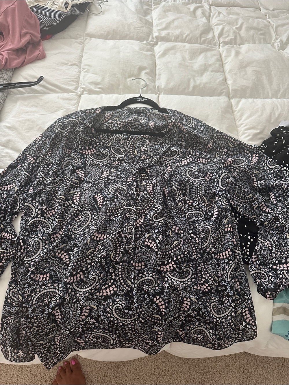 Tahari Black Paisley Button-Down Shirt with Pink Accents